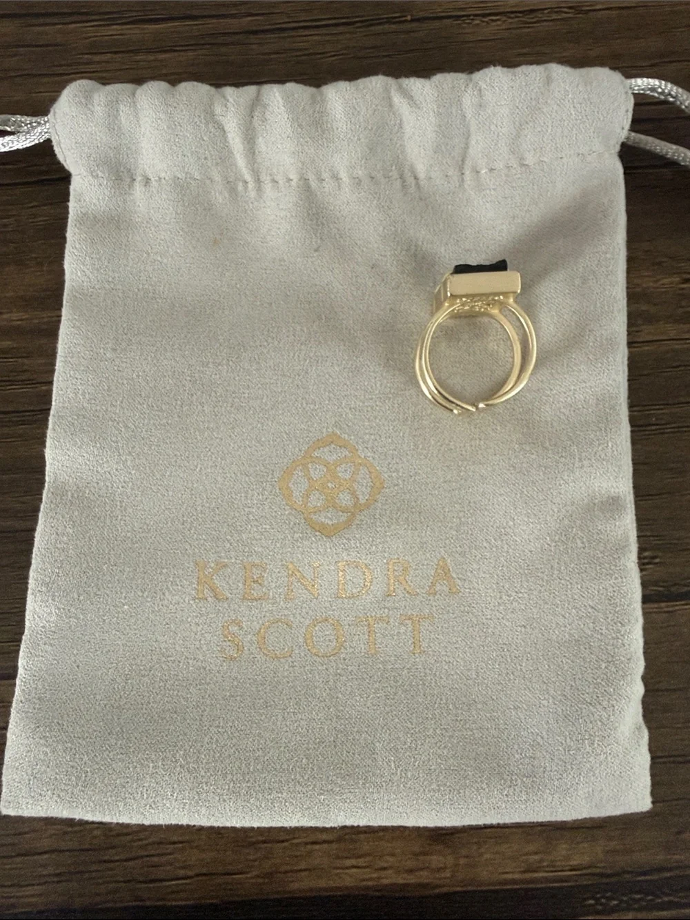 Kendra Scott Gold-Tone Ring with Black Druzy Rectangle. Adjustable.